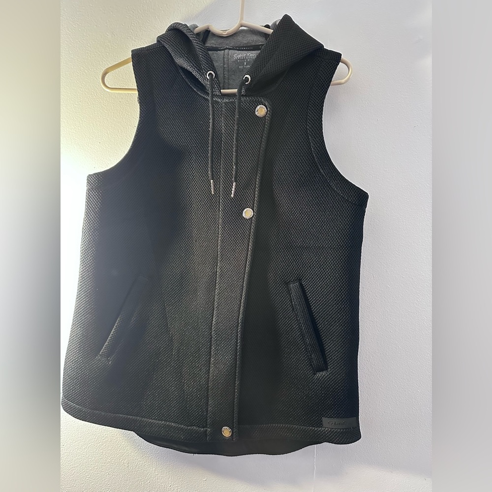 CALVIN KLEIN Performance Quick Dry Hooded Zip Front Vest Black Poly SZ small